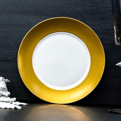 China Hotel Bone China Custom Printed Dinner Dish Set Gold Rim Porcelain Dessert Plate Round Dish for sale