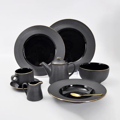 China Viable Ceramic Matte Black Stoneware Set Porcelain Tableware Restaurant Dish Set Porcelain Hotel Serving Buffet Japanese Style Ceramic Dish for sale