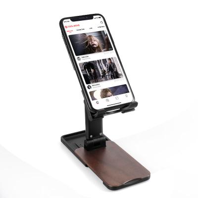 China Portable Accessories Desktop Aluminum Bamboo Wood Cell Phone Holder Adjustable Flexible Rotating Universal Mobile Stand for sale