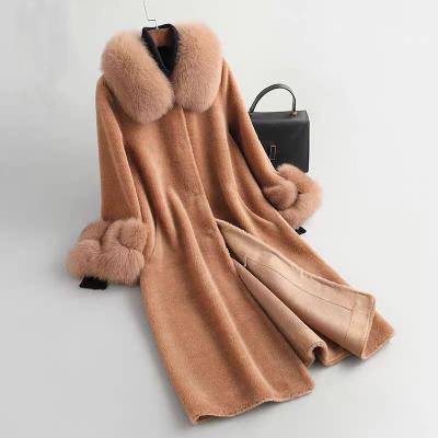 China Breathable CX-G-T-24 Women Fashion Shearling Lamb Fur Jacket Sheep Wool Long Coat With Fox Fur Collar Cuff for sale