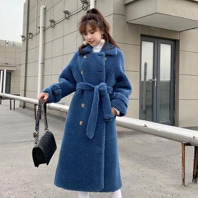 China CX-G-T-15D Breathable Faux Coat Elegant Shearling Fur Coats Long With Belt Wool Coat For Women for sale