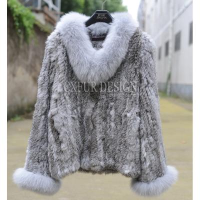 China CX-G-A-193A Fashionable Hand Knitted Real Rabbit Fur Coats Breathable Women With Fox Fur Collar for sale