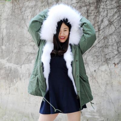 China CX-G-P-05H Breathable Raccoon Fur Collar Women Winter White Fur Parka Army Green Overcoat Breathable for sale