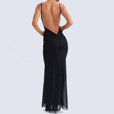 China 2023 Custom Anti-Wrinkle Mesh Open Back Frock Romantic Sparkle For Fascinating Functions Black Maxi Dress Backless Cutout for sale