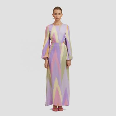 China Breathable Multi Colored Flowing Side Slits Printed Elastic Long Sleeves Cuff Backless Beach Wedding Guest Cut Out Maxi Dress for sale