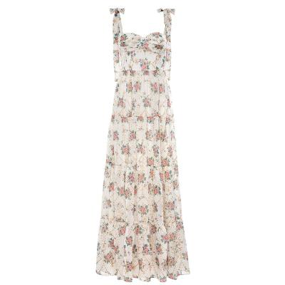 China Custom 2023 Dating One Line Sweetheart Silhouette Bow Sleeves Anti-Static Ruched Floral Prints Mugs Maxi Dresses for sale