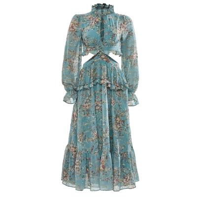 China Traditional Anti-Static ODM With Cut Out Contemporary Design Keyhole Neckline Teal Floral Printed Midi Dress With Long Sleeves for sale