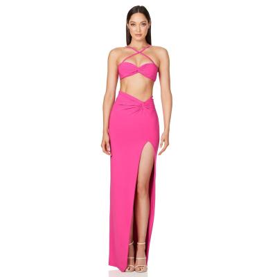 China Anti-Wrinkle 2023 Design Criss-Cross Link Crop Women Thigh Slit Sexy Jewel Club Thigh Bold Two Piece Set Maxi Skirt for sale