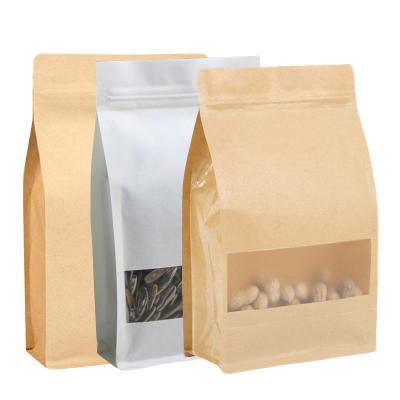 China 8 Sides 14x24cm Recyclable Square Food Grade Large Thick Recycled Flat Bottom 8 Sides Seal Polypropylene Coated Window Food Kraft Paper Bag for sale