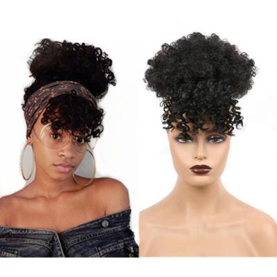 China New Kinky Curl Summer Hairstyle Afro Bun Bun With Curly Bangs Pretty Premium Synthetic Bun And Bang Quick Clip In Wig for sale