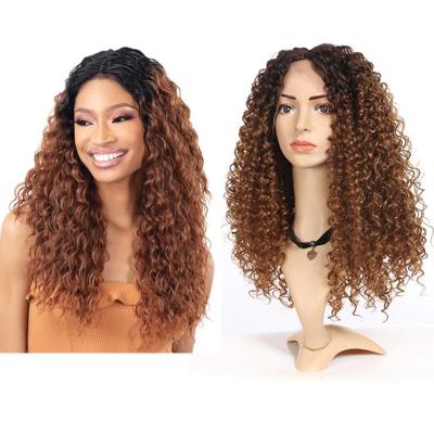 China Ombre Brown Front Lace Wigs Synthetic Fashion Daily Wear Kinky Curly Wig Kinky Curly Factory Drop Ship for sale