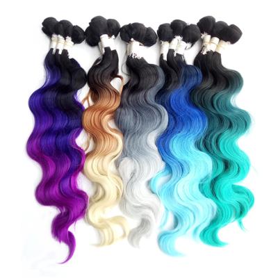 China Rose Wave Hair Extension 280g/set 4pcs Synthetic Hair Weft With Machine Closure 3 Black Bluish Gray Tone Ombre Body Wave For Women 18-22