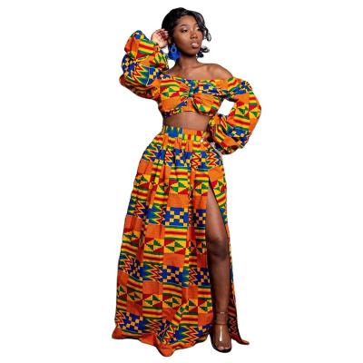 China Summer New Explosive Nationality Digital Printing African Style Women's Fashion Suit One-line Neck Top Split Skirt for sale