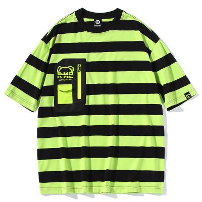 China Central Institute of Statistics Women's Fluorescent Green Knitted Striped T-shirt Summer Anti-wrinkle Short Sleeve Oversized Round Neck Couples Wear Half-sleev for sale