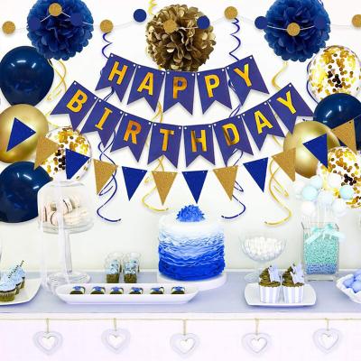 China Navy Blue Gold Recyclable Luxury Happy Birthday Party Decorations Supplies For Mens Boys With Flowers Birthday Banner Tissue Paper Pom Pom for sale