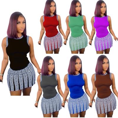 China 2022 Fashion QUICK DRY Copy 2 Piece Dress Set For Women Patchwork Design O-Neck Sweaters Top+Elastic Sleeveless Slim Waist Mini Skirts for sale