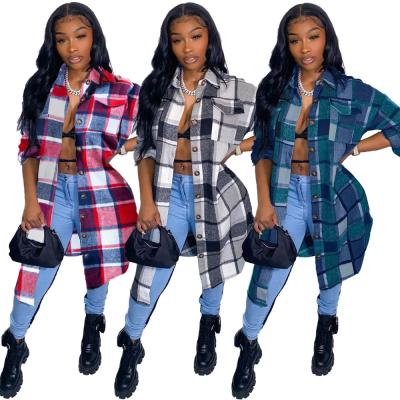 China Fashion Breathable Plaid Shirts Women Winter Long Shirt Collared Button Cloth Blouse 2022 Autumn Spring Loose Casual Streetwear Woolen Coat for sale