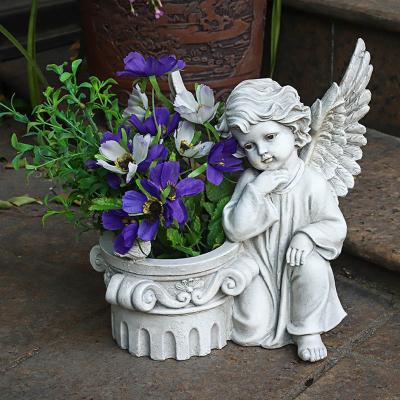 China Europe Garden Sculpture Child Figurine Planter Basket White Resin Custom Fairy Angel Statue Girl Retro Open Angel Flower Pot for sale