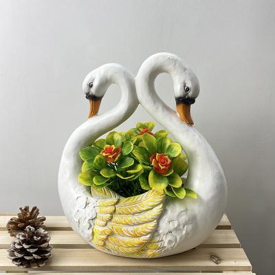 China White Pot Front Porch, Yard, Swan Planter Pots Europe Custom Resin Flower Indoor Outdoor Swan Couple Garden Sculpture for sale