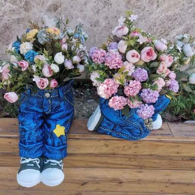 China Custom Wholesale Europe Cowboy Garden Yard Home Lawn Yard Decor Ornaments Jeans Resin Flower Denim Pants Flower Pot Planter Pot for sale