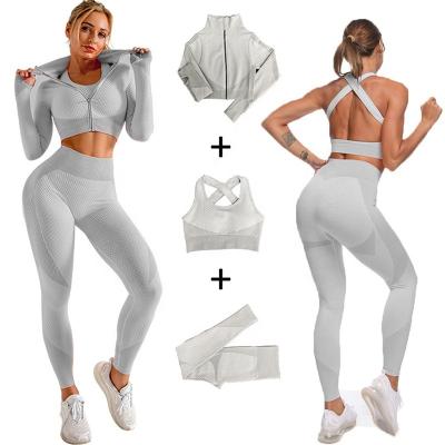 China New Colors 3PCS Breathable Gray Sports Gym Clothes Women Yoga Set And Workout Seamless Sets for sale