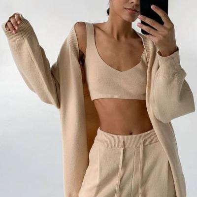 China JX026 sustainable 2021 knitted solid color fashion long sleeve temperament urban casual cardigan three piece set for sale