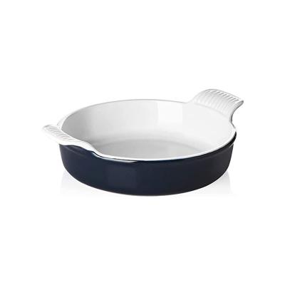 China Classic Navy Ceramic Baking Dish Round Porcelain Bakeware with Double Handle for Casserole Lasagna for sale