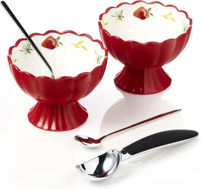 China Ceramic Ice Cream Bowls Ceramic Ice Cream Bowls Set with Stainless Spoons and Frozen Scoop Porcelain Dessert Rolls Bulk for sale