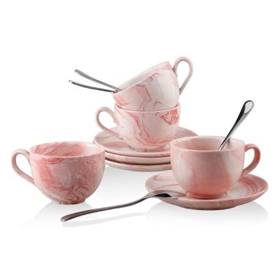 China Sustainable European Style Coffee Accessory Pink Marble Ceramic Espresso Cups With Saucer for sale