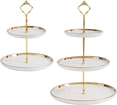 China Nordic Set of 2 Porcelain Cupcake Stand Porcelain Dessert Tiered Serving Trays with Gold Rod Ceramic Cake Holders for Wedding Party for sale