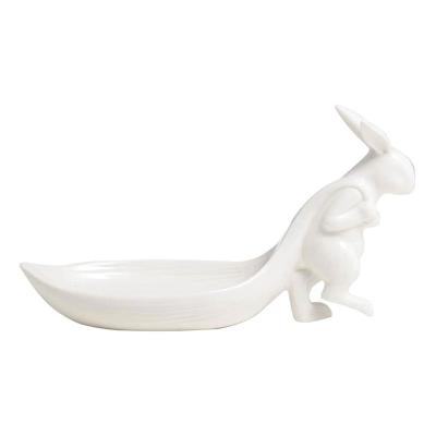 China Ceramic Jewelry Dish White Rabbit Bunny Pulling Sheet Shaped Jewelry Holder Porcelain Jewelry Tray Trinket Dish for sale