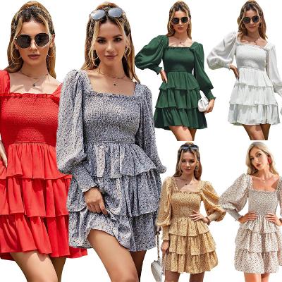 China New Fashion Anti-static Women's Square Collar Layered Dress Floral Printing Long Sleeve Pleated Mini Dress Skirt for sale