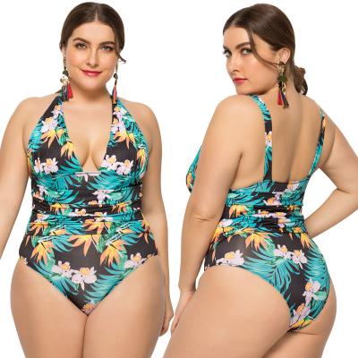 China Plus Size Deep V-Neckline Front Flower Printed Elasticity Woman Swimwear Bikini One Piece Swimsuit for sale