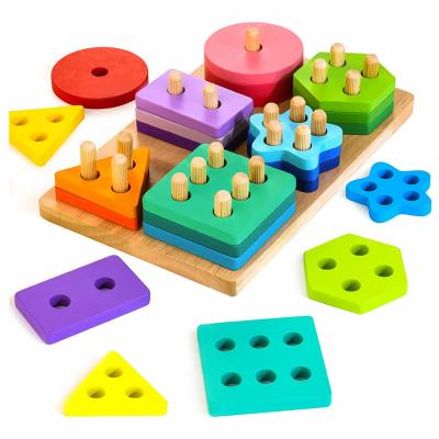 China Colorful/Safe/Environmental Color Wooden Kindergarten Shape Montessori Kids Toys Educational Wooden Block Stacking Game Matching Preschool Stacking Blocks for sale