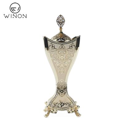 China Indian unique special design sandalwood metal combination luxury zinc alloy gold plated zinc alloy incense burner with lid for home for sale