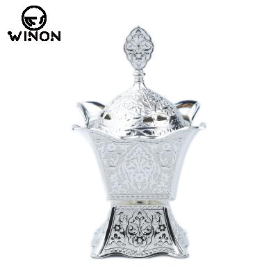 China Creative Silver Plated Arabic Bakhoor Detachable Censer Sharp Zinc Alloy Indian Incense Place Household with Cover for Wedding Party for sale