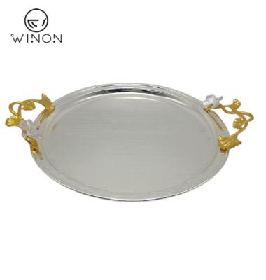 China Luxury Table Use Housekeeping Hotel Silver Plated Round Sharp Iron 12.5 Inch Serving Trays With Handle for sale