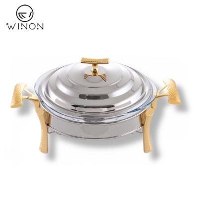 China Eco-friendly Silver And Gold Restaurant Hotel Commercial Catering Equipment Round Sharp Food Stove Warmer Stainless Steel Chafing Dishes for sale