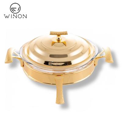 China Hotel Eco-friendly Gold Plated Equipment Round Buffet Stove Food Warmer Shiny Polished Stainless Steel Chafing Dishes For Catering for sale