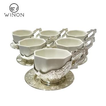 China Sustainable Factory Direct Sale China Luxury Delicate Silver Style Drinkware Cups Ceramic Coffee Cup And Saucer for sale