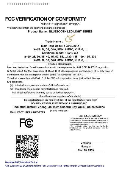 FCC - Chaohu Golden Vessel Electronic & Lighting Inc.