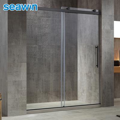 China Frameless Frameless Tempered Glass Corner Screen Quiet High End Single Operation Bathroom Shower Black Single Sliding Shower Door for sale