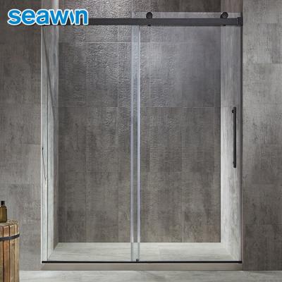 China SeaWin Operation Quiet Modern Bathroom Black Frameless Glass Shower Screen Tempered Sliding Shower Door for sale