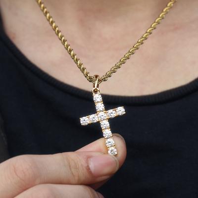 China High Quality Brass CZ Chain Hiphop Diamond Christian Religion Jewelry Gold Plated Micro Pave Cross Pendant Necklace for sale