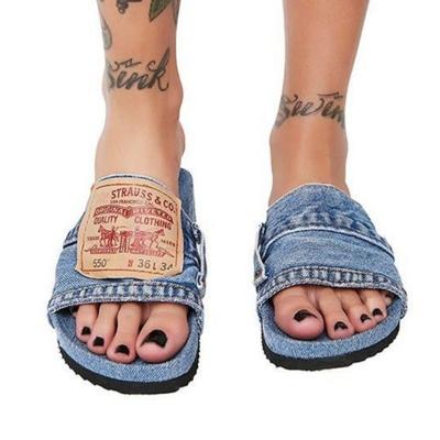 China Denim flat bottom flat explosive large size ladies slippers 2021 new beach shoes for sale