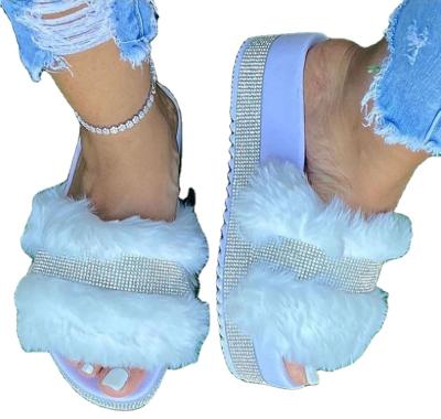 China Faux Fur Women's Shoes Anti-Slippery Platform Slides Unique Thick Faux Stone Plush Slippers Lady Bling Outdoor Sandals for sale