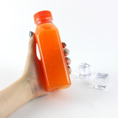 China 12oz Cold Clear Beverage Press Fruit Juice Bottle 350ml Square Shape Transparent Beverage Plastic Beverage Bottle Pet For Juice for sale