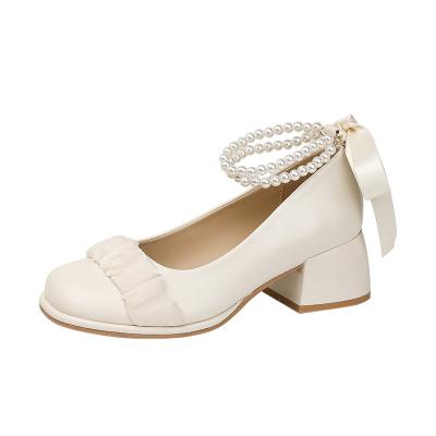 China 2023 Summer Fairy Style French Strap Pearl Chain Light Color Single-shoe Female Niche Design Sense Thick-heeled Mary Jane High Heel for sale