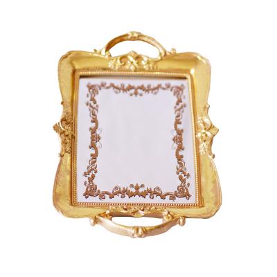 China Antique Resin+Mirror poly fashion resin square jewelry table fruit mirror tray with handle for sale