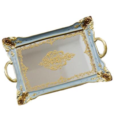 China Hot Selling Flat Elegant Tray 24X16CM Plastic Resin Mirror Tray Home Hotel Restaurant Usage Antique Blue Rectangle Resin Mirror for sale